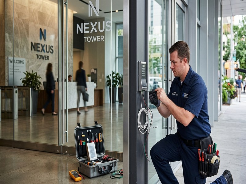 Commercial access control installation at office entrance